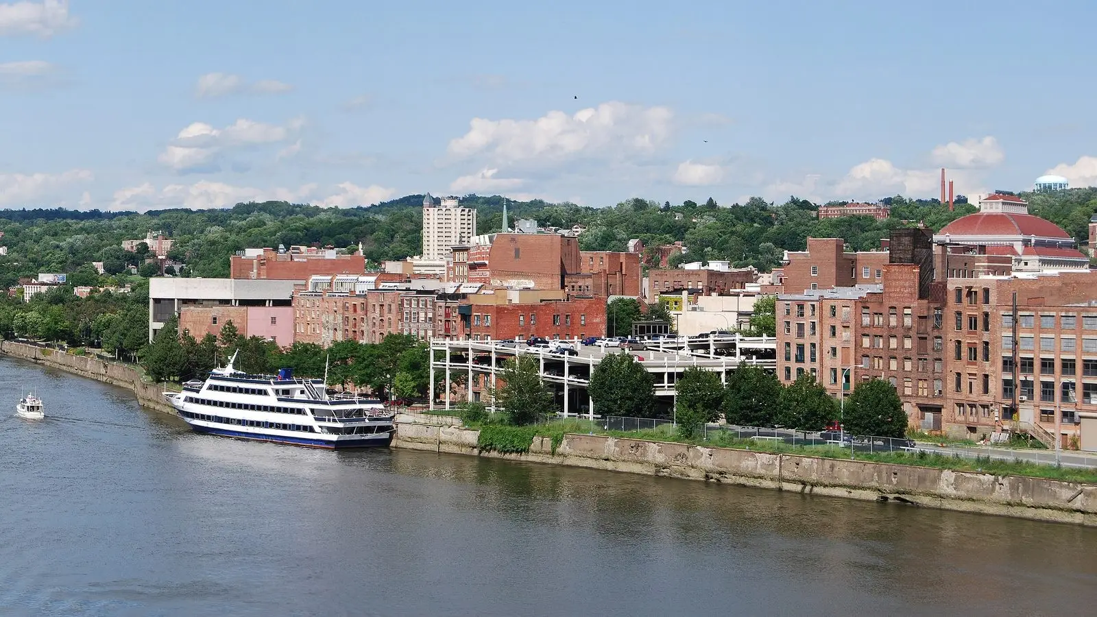 Downtown Troy skyline and riverfront seen across the Hudson River